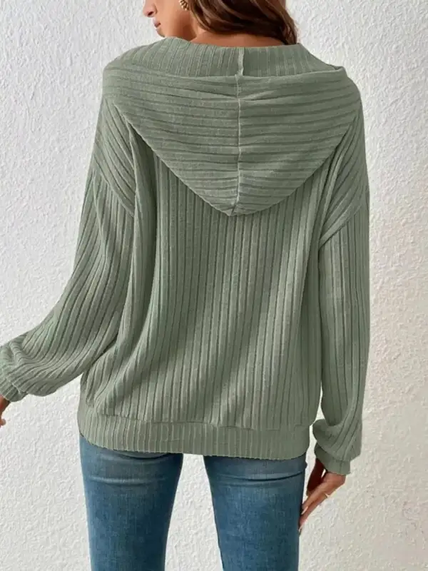 Relaxed Drawstring Pocketed Long-Sleeve Ribbed Hoodie