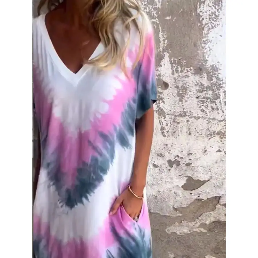 Full Size Tie-Dye V-Neck Midi Dress with Pockets Plus Size