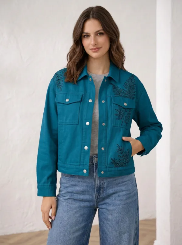 Women's Botanical Fern Leaf Pattern Denim Jacket