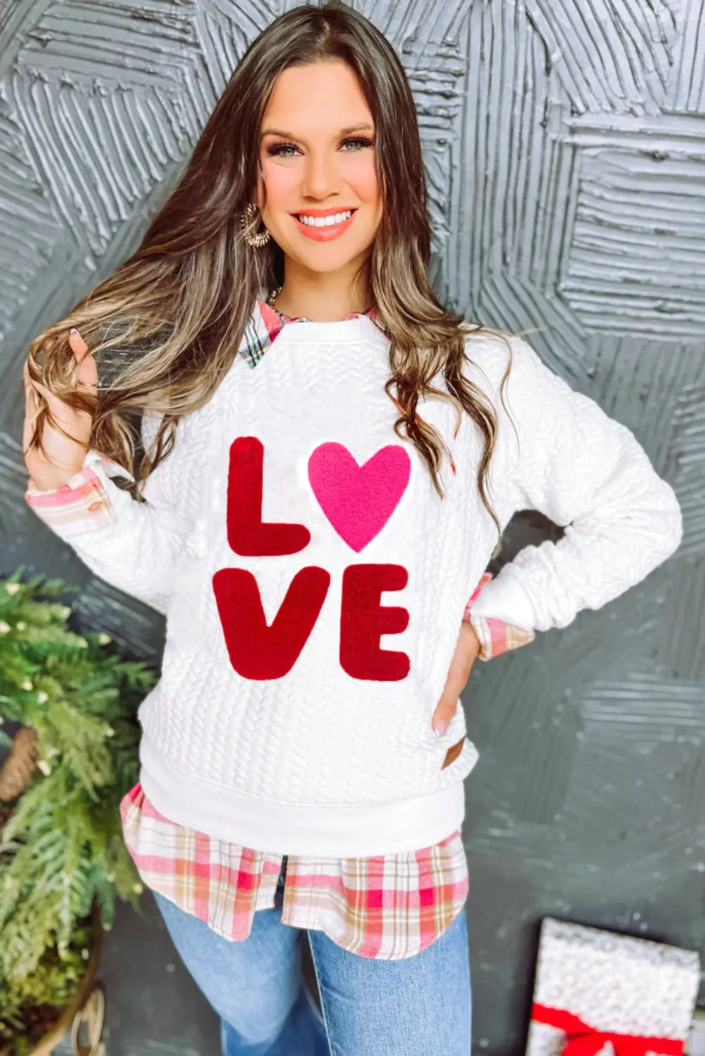 LOVE Chenille Embroidered Cable Knit Sweatshirt