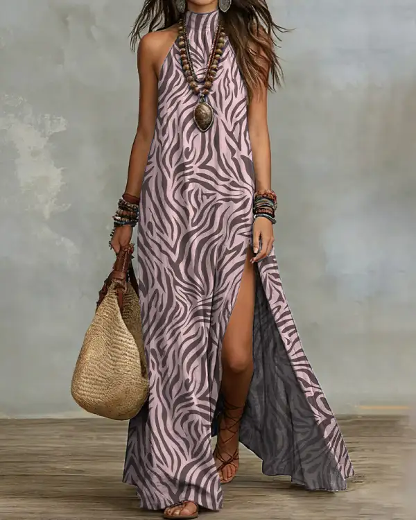 Boho Halter Neck High Slit Maxi Dress