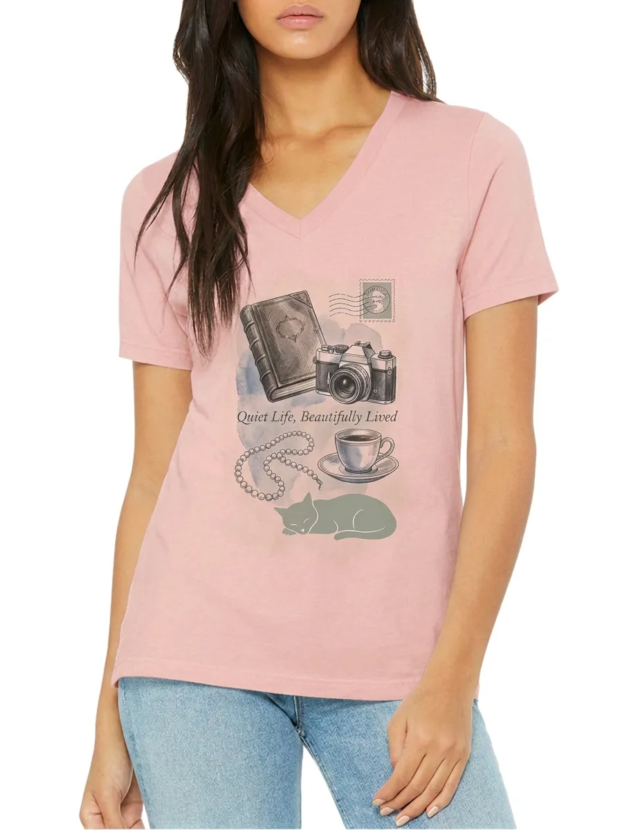 Women's Book Camera Coffee Cat Printed V-Neck T-Shirt