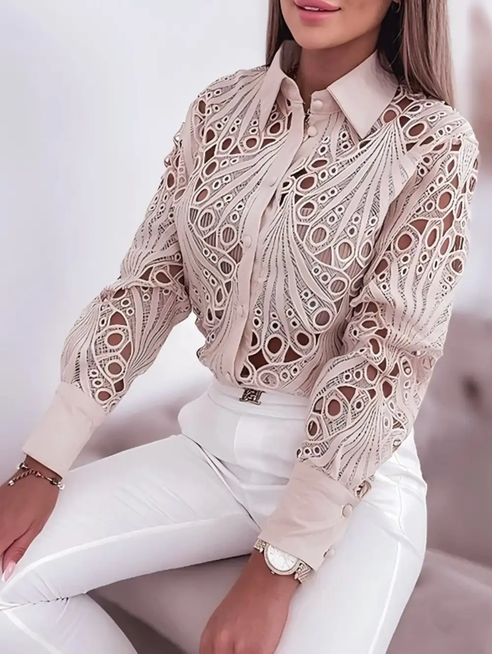 Lace Openwork Long Sleeve Blouse