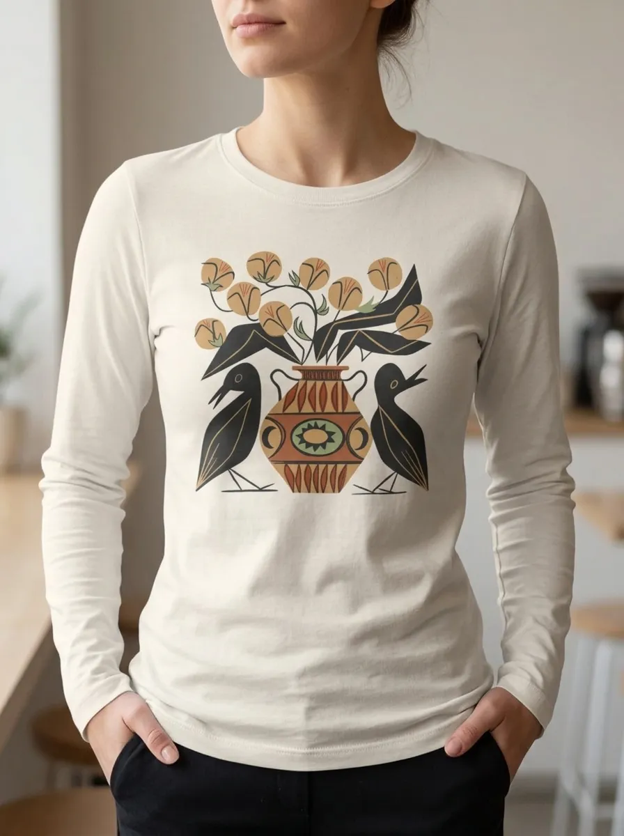Women's Folk Art Bird and Vase Floral Printed Long Sleeve Top