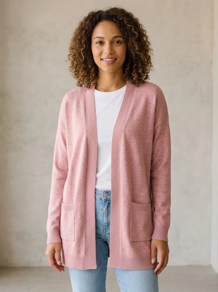 Pink Modern Floral Minimalist Embroidered Open-Front Cardigan