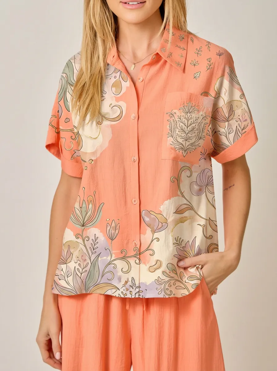 Women's Boho Floral Art Peach Printed Button-up Shirt
