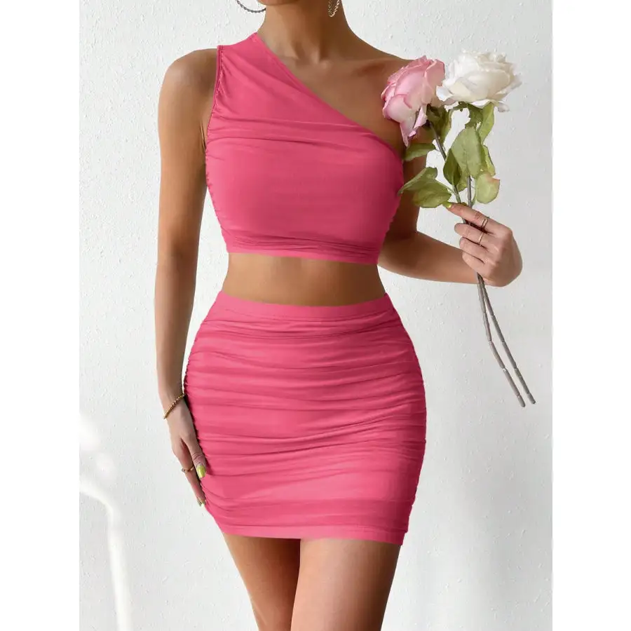 Airy Ruched Single Shoulder Top And Skirt Set
