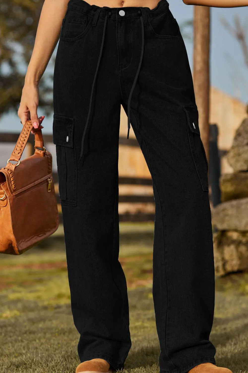 Loose Fit Drawstring Pocket Denim Jeans