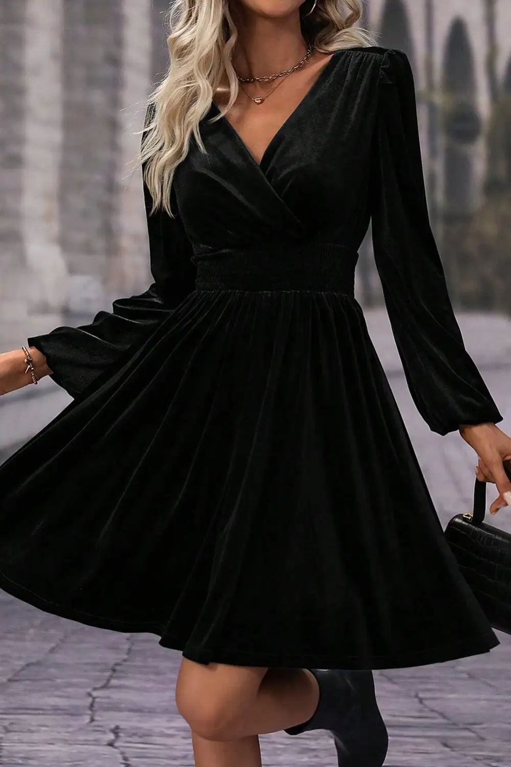 Long Sleeve Velvet Look Mini Dress