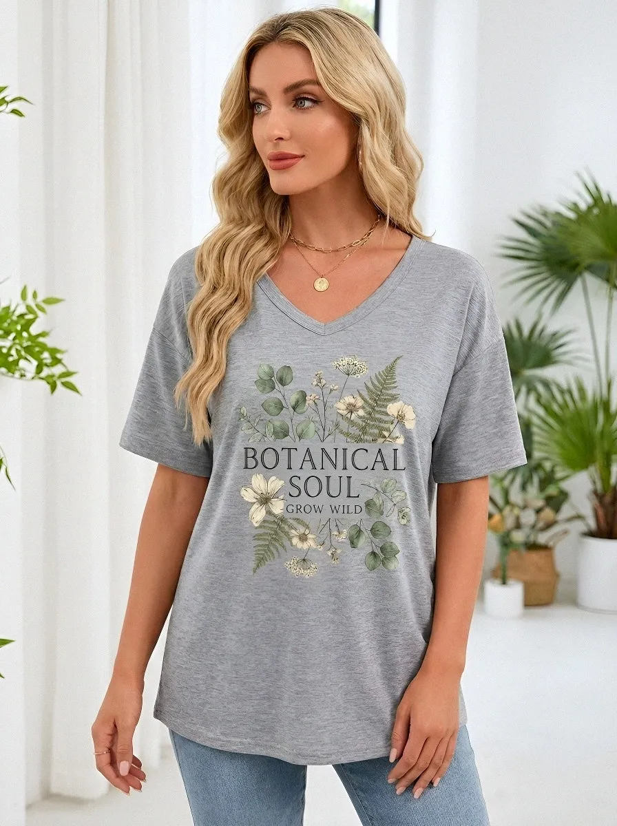 Women's Botanical Soul Nature Lover Floral Printed V-neck T-shirt