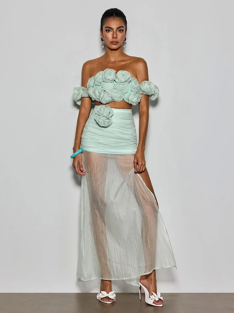 Peyton Off Shoulder Flower Mesh Skirt Set