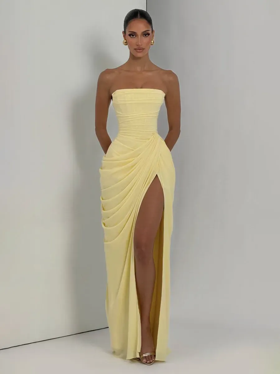 Giselle Ruched Slit Strapless Maxi Dress