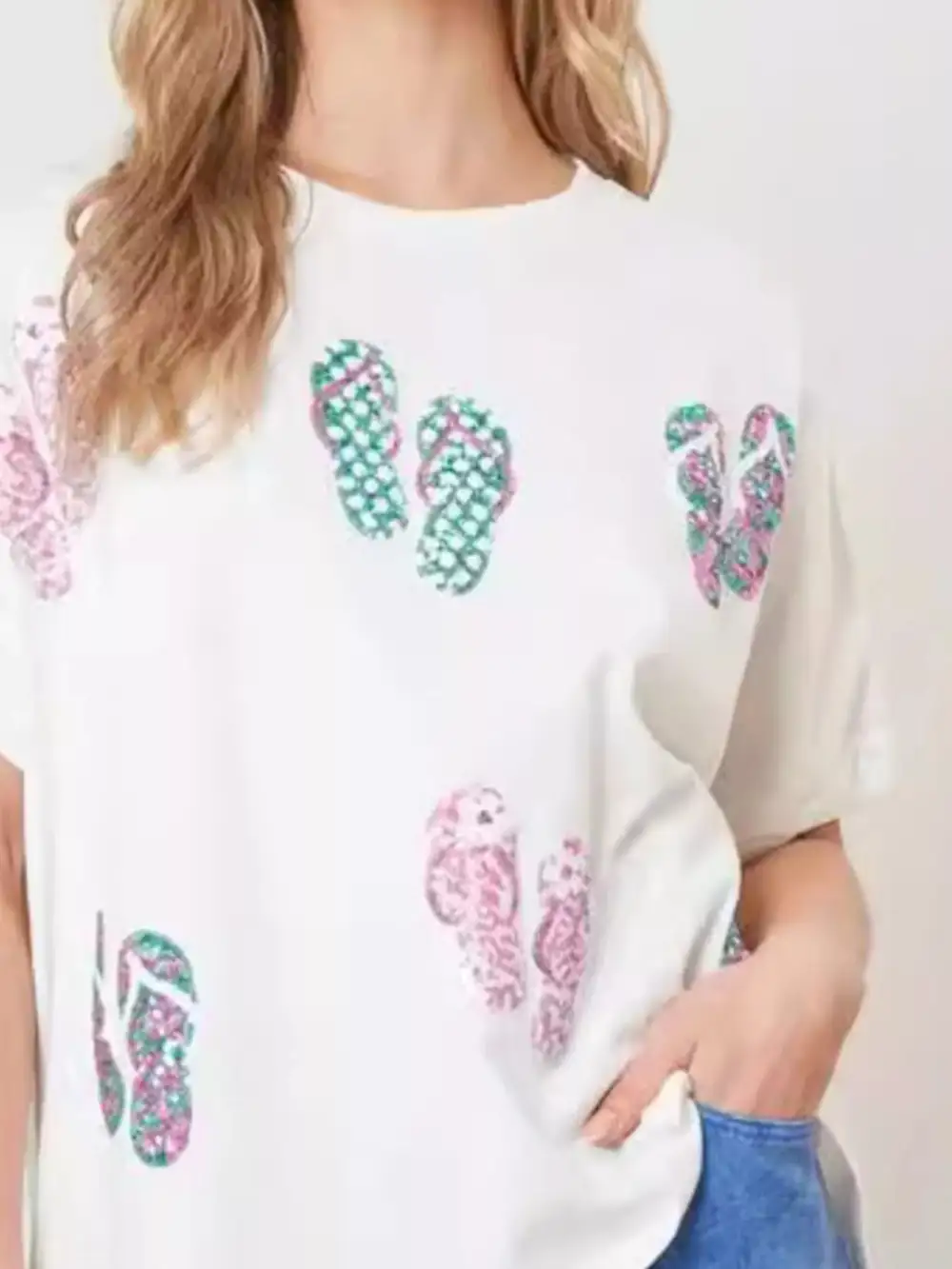 Flip Flop Print Round Neck Casual T