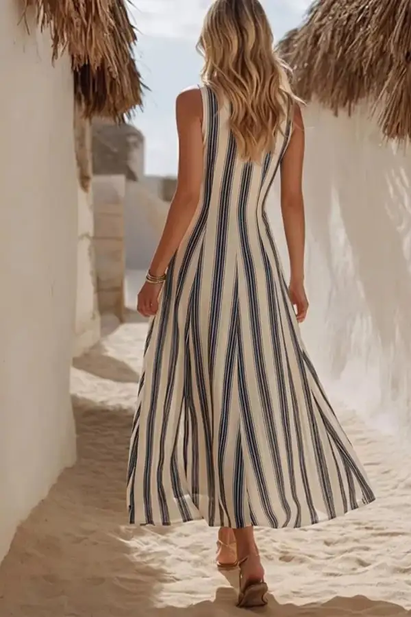 Striped V-Neck Sleeveless Midi Dress