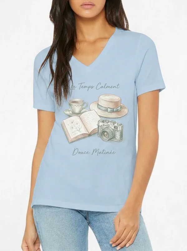 Women's Travel Hobbyist Coffee Book Camera Printed V-neck T-shirt