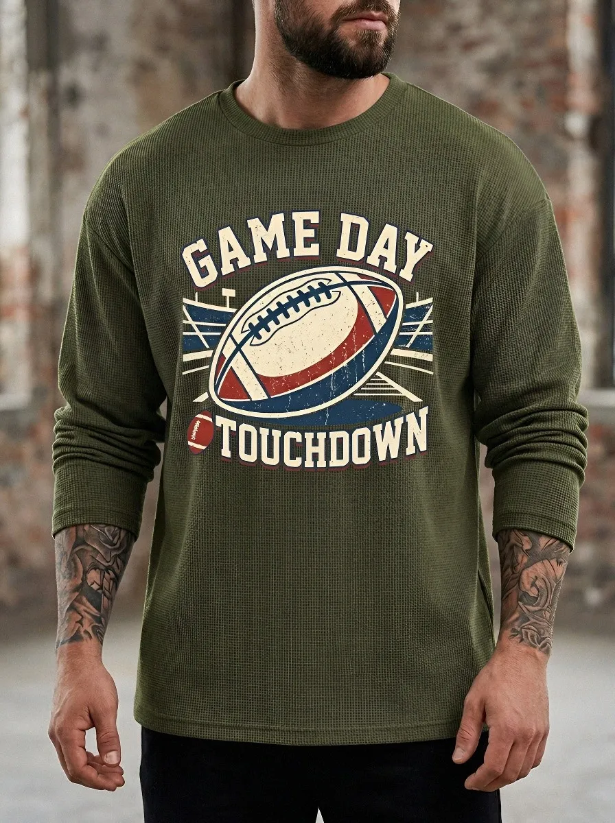 Men's American Football Game Day Touchdown Printed Waffle Long Sleeve T-Shirt