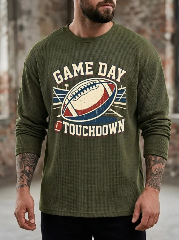 Men's American Football Game Day Touchdown Printed Waffle Long Sleeve T-Shirt