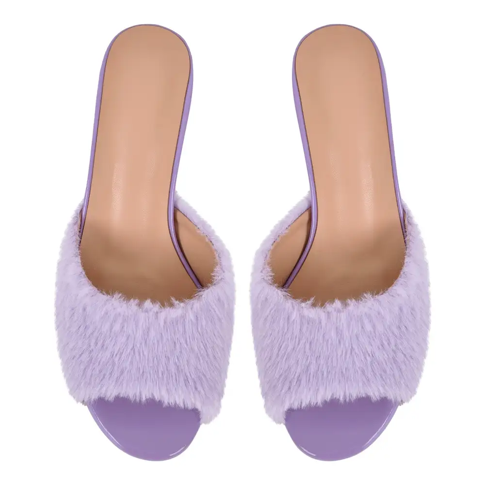 Round Toe Chunky Heel Fur Mule Sandals