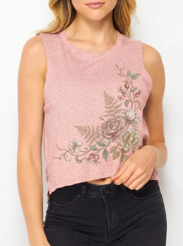Women's Botanical Floral Fern Printed Crop Tank Top