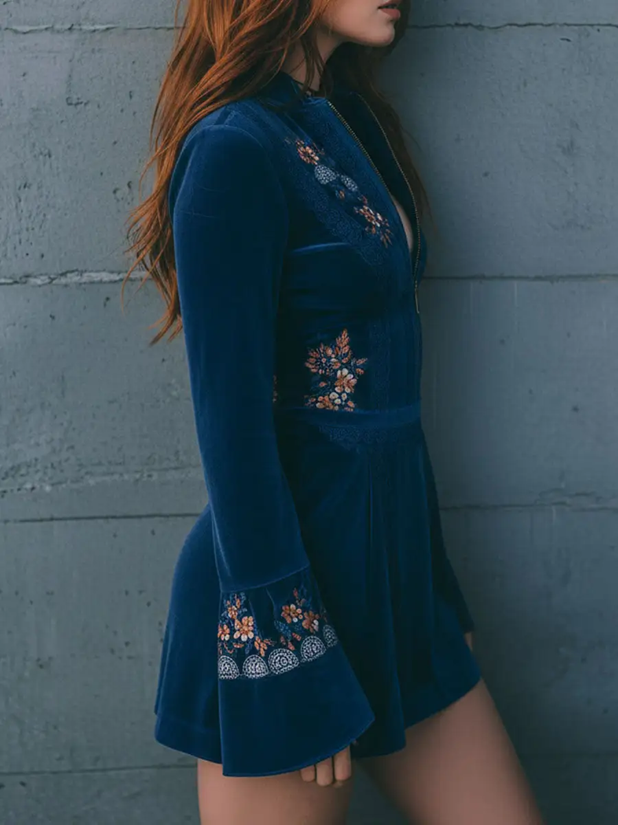 Boho Blue Velvet Zipper Front Lace Trim Embroidered Mini Dress