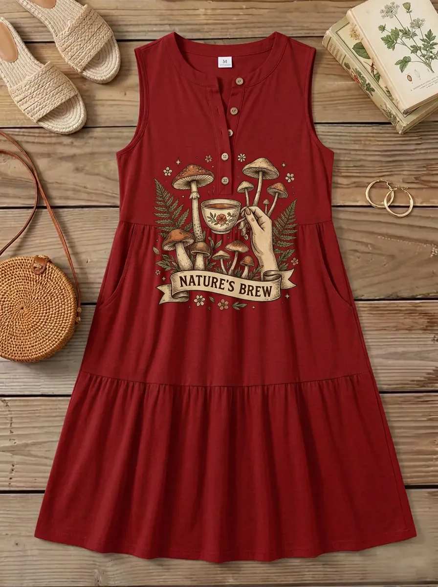 Women's Nature Brew Mushroom Coffee Printed Sleeveless Tank Top