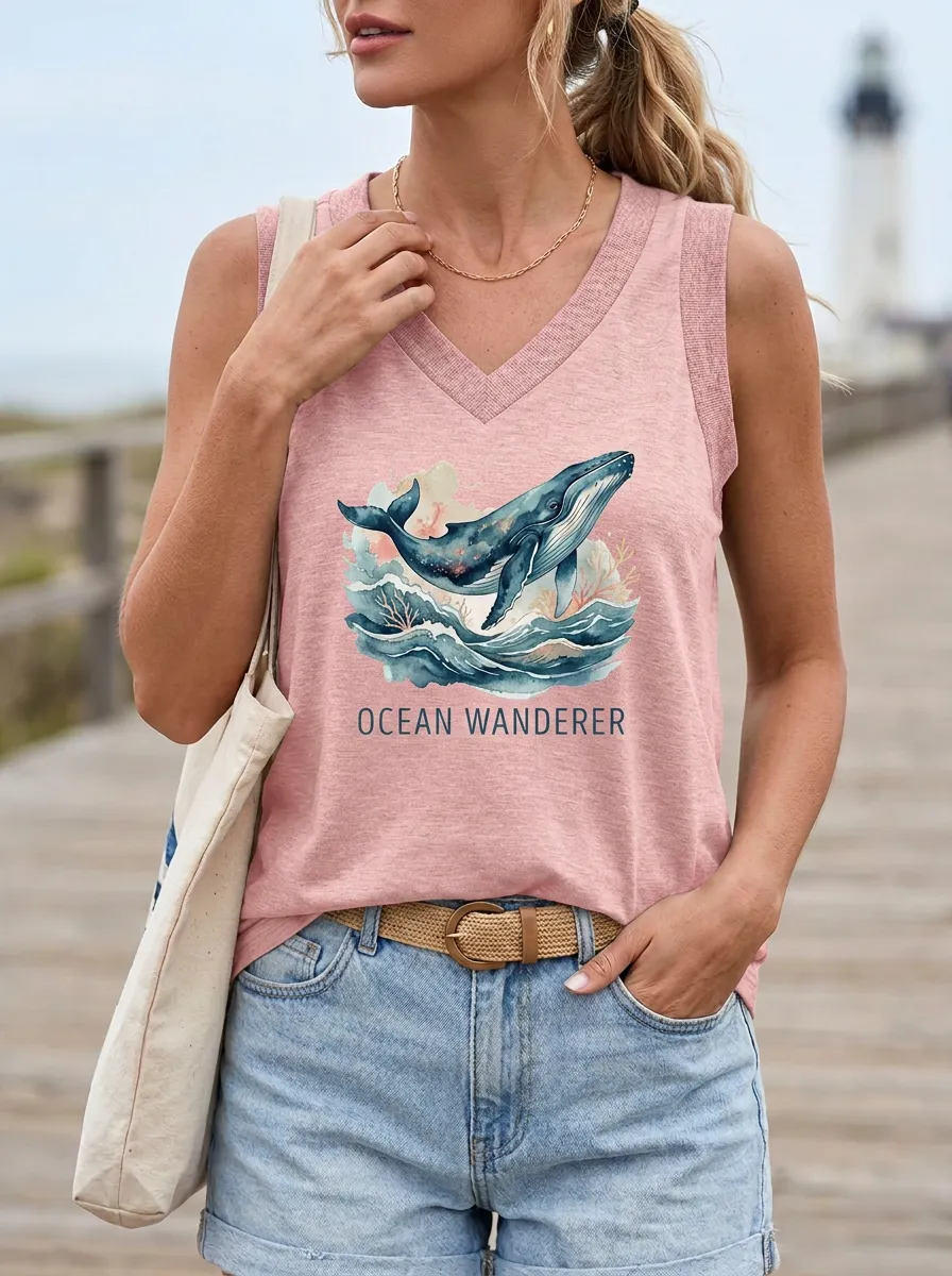 Women's Ocean Lover Whale Watercolor Printed Tank Top