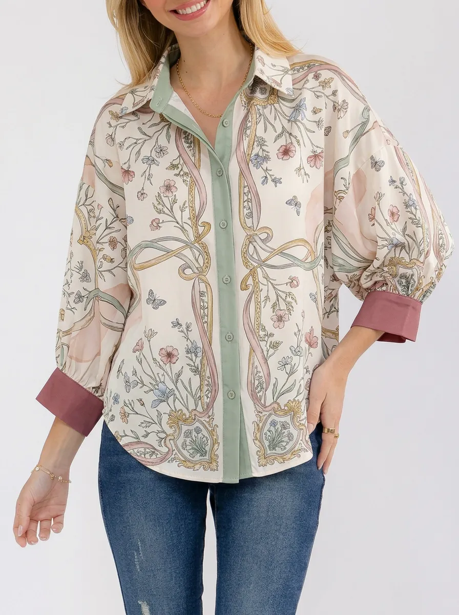 Women's Floral Ribbon Butterfly Pattern Printed Button-up Shirt