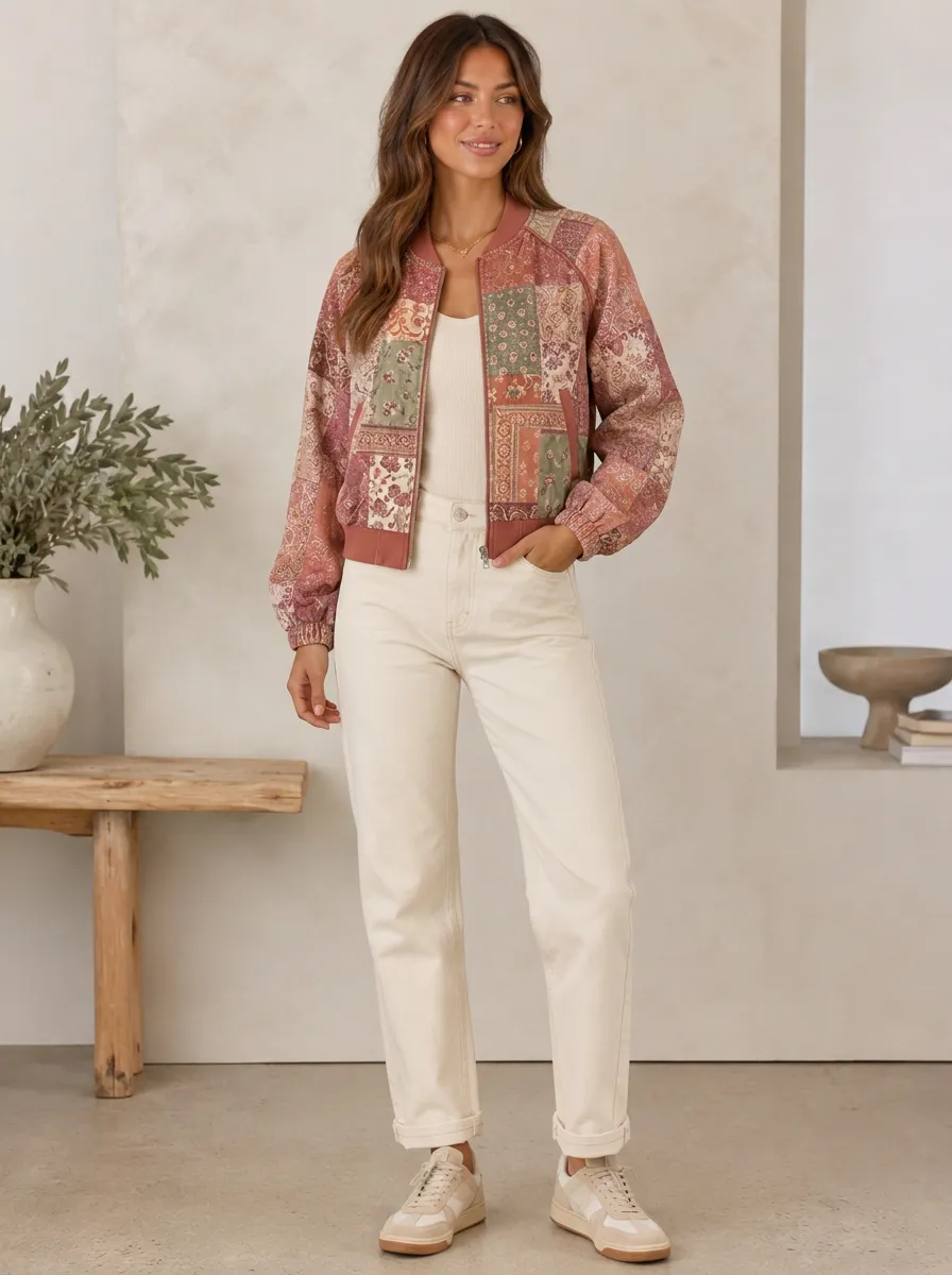 Women's Boho Floral Patchwork Bomber Jacket
