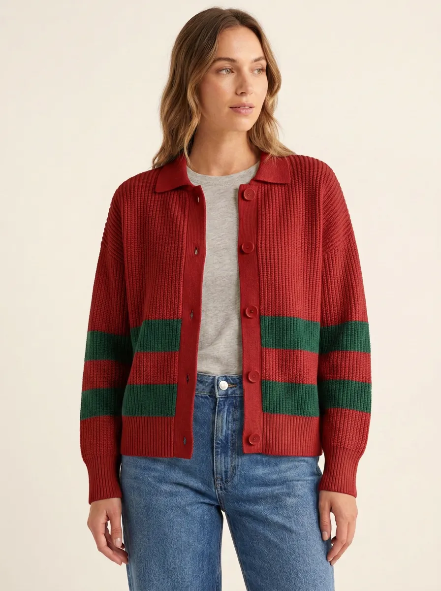 Rugby Stripe Pattern Print Knit Cardigan