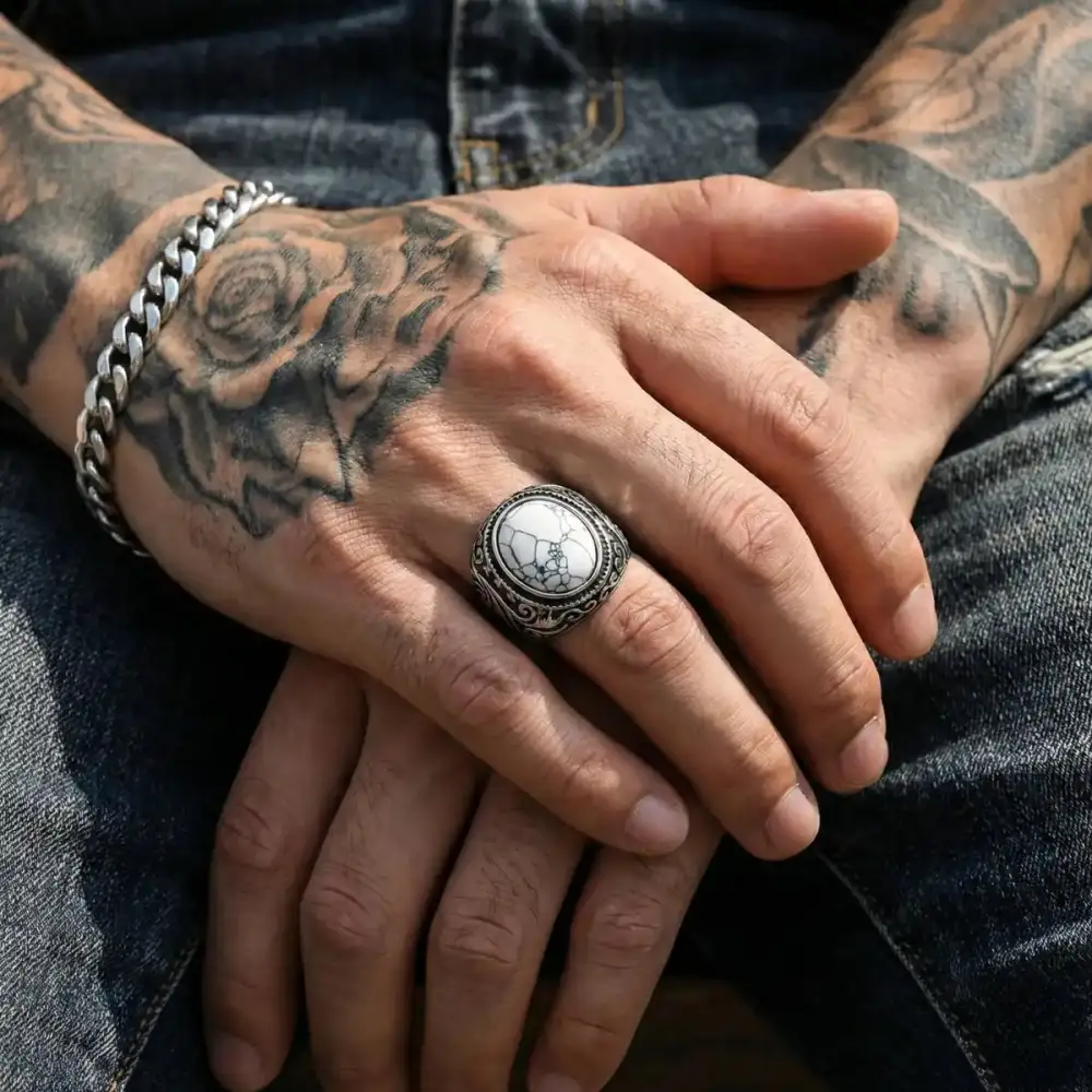 Men's Vintage Scrollwork Howlite Signet Ring