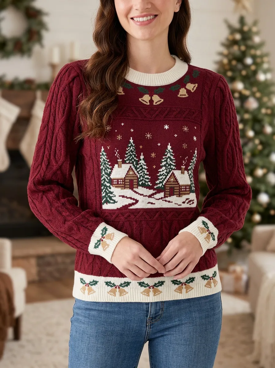 Christmas Winter Cabin Bell Pattern Print Sweater