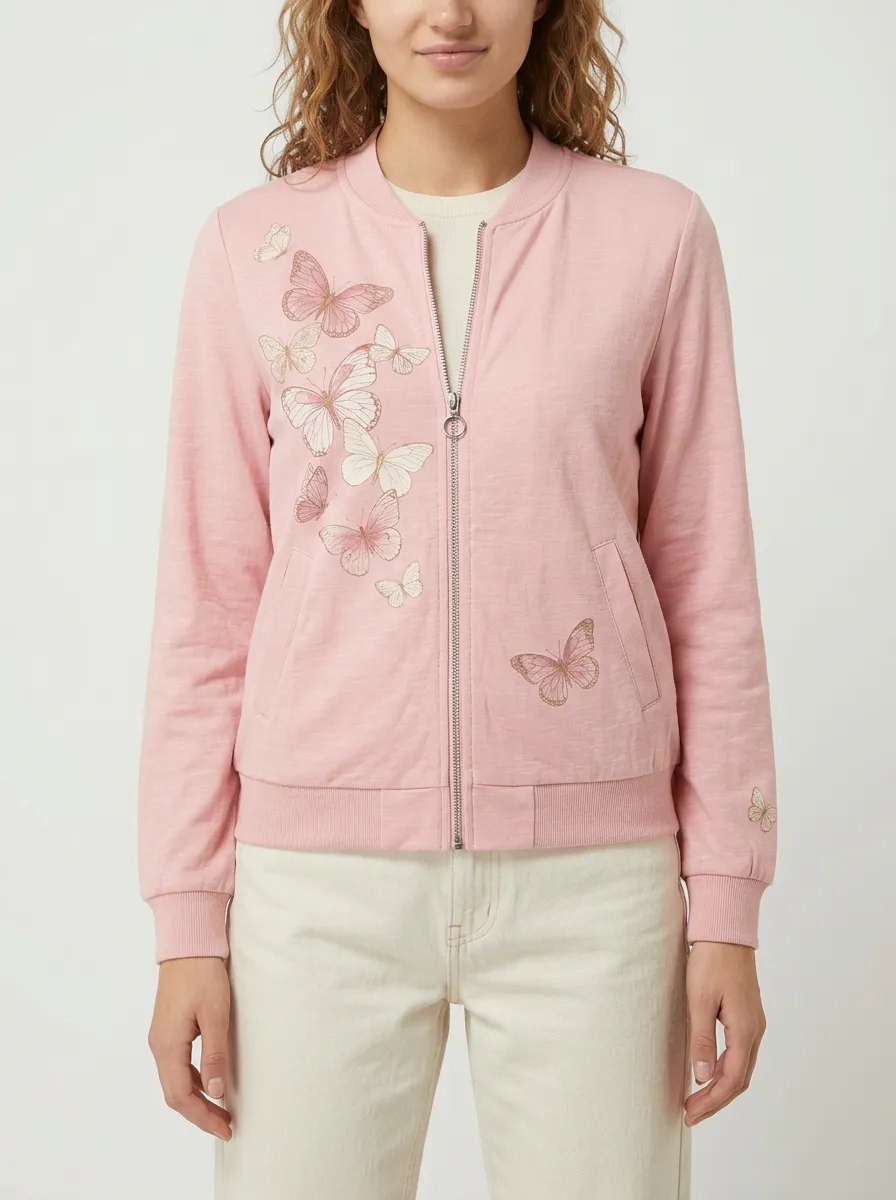 Women's Pink Butterfly Accent Zip-Up Bomber Jacket