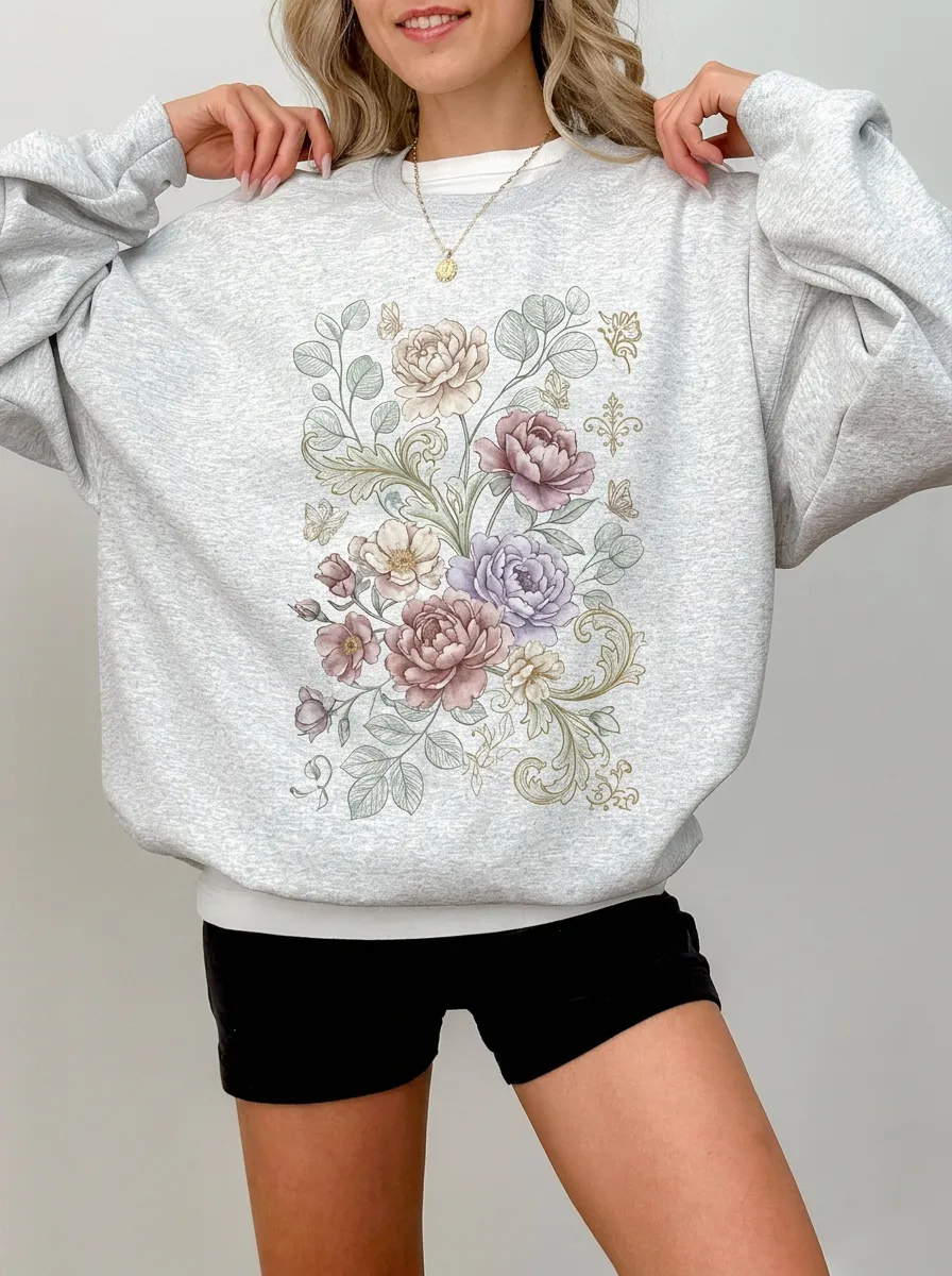 Women's Botanical Floral Butterfly Printed Sweatshirt