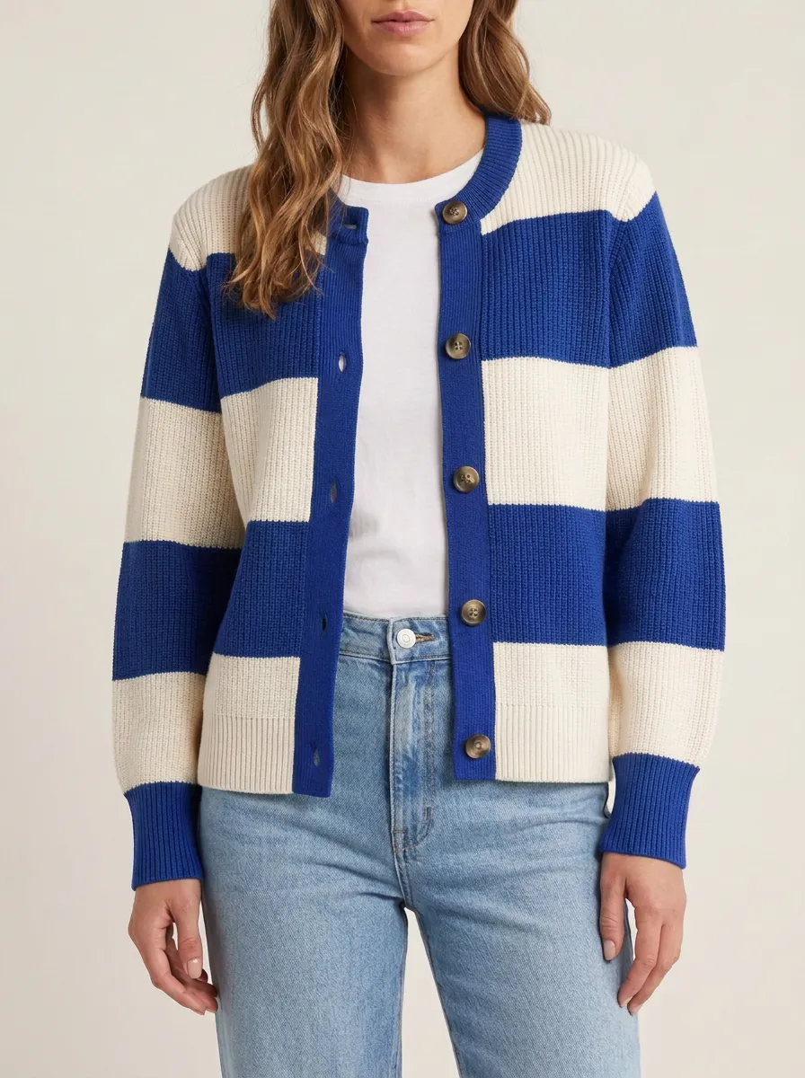 Classic Textured Distinctive Rugby Striped Knit Cardigan