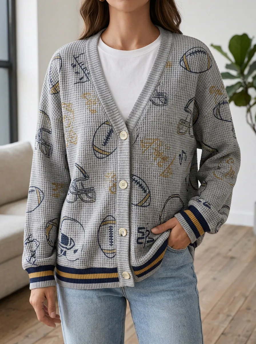 Women's Stadium Football Fan Helmet Ball Printed Waffle Knit Cardigan