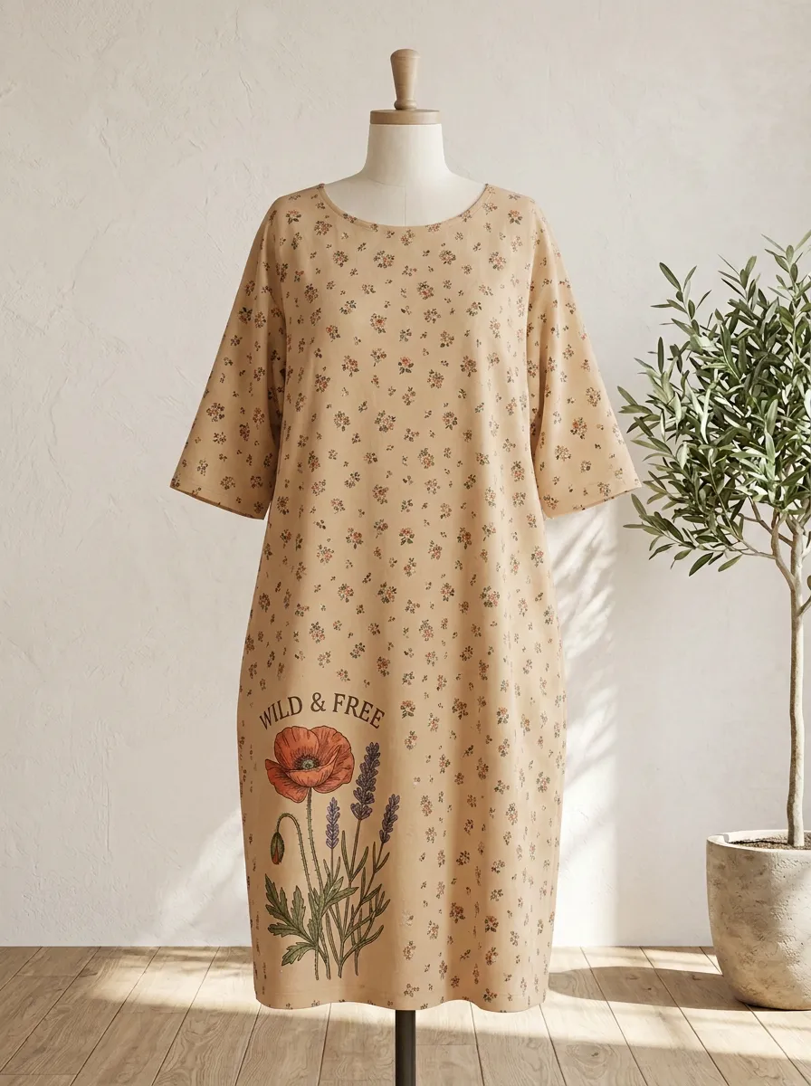 Wild And Free Poppy Flower Botanical T-Shirt Dress
