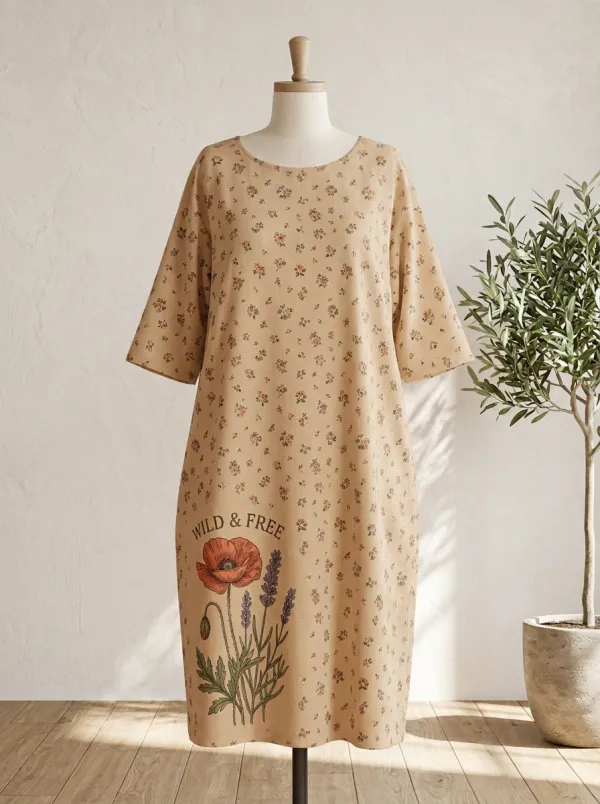 Wild And Free Poppy Flower Botanical T-Shirt Dress