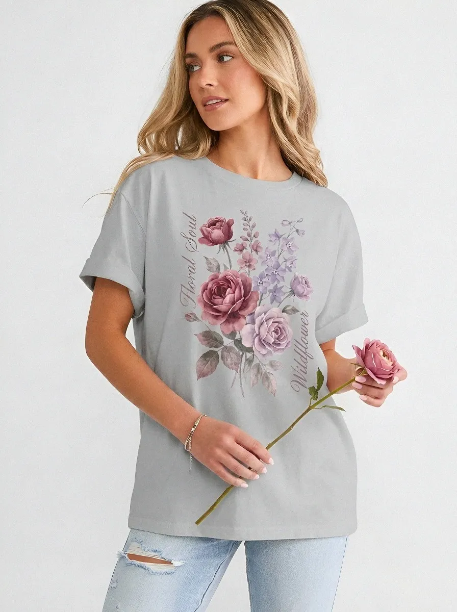 Women's Floral Soul Wildflower Rose Bouquet Printed T-shirt