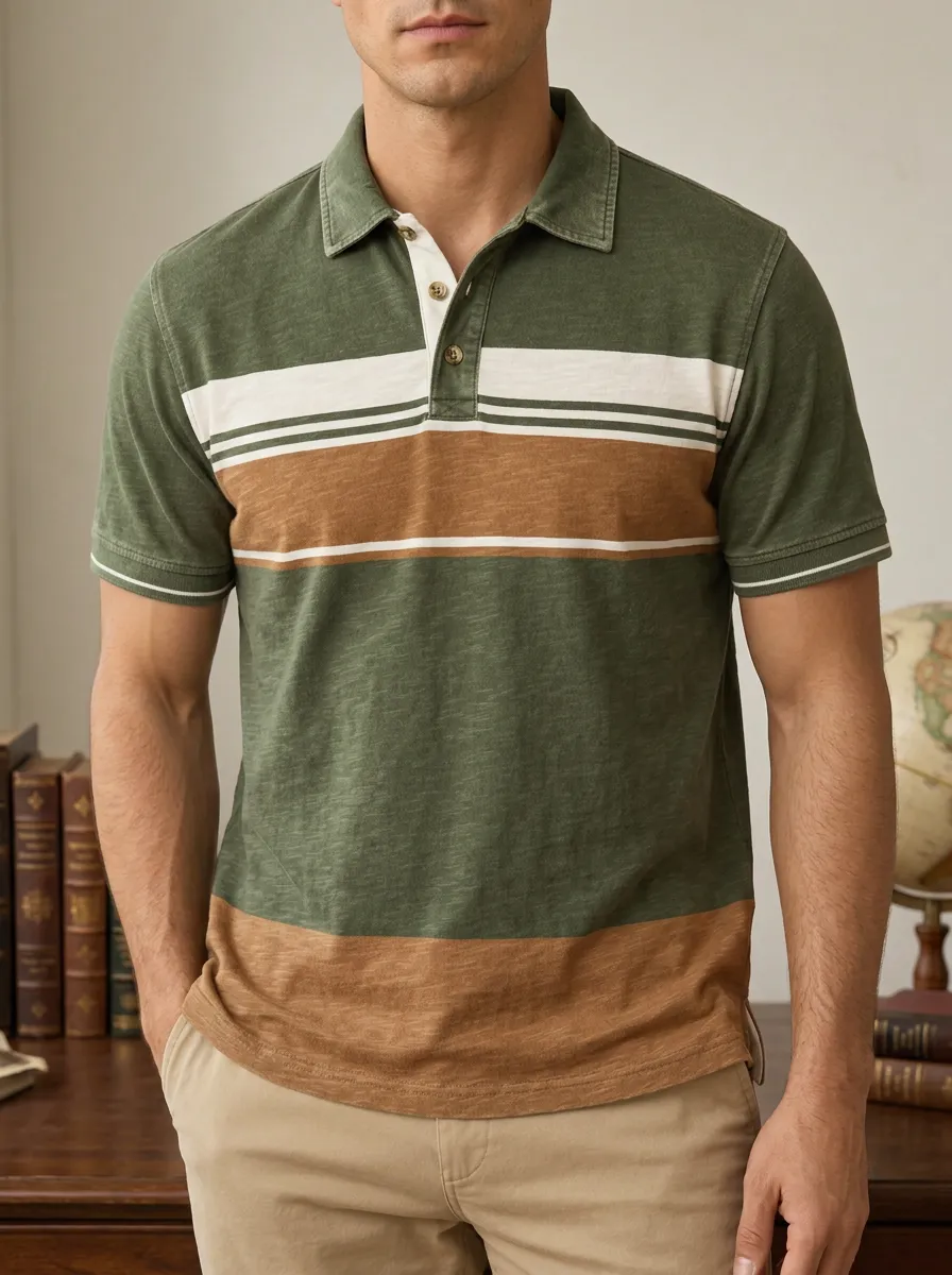 Men's Casual Vintage Green Brown Striped Printed Polo Shirt