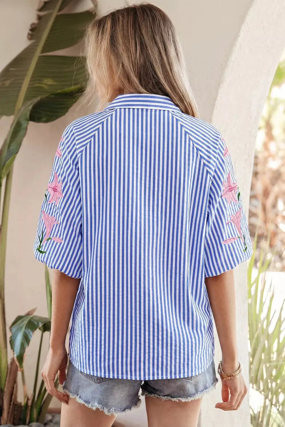 Striped Floral Embroidered Puff Sleeve Button Down