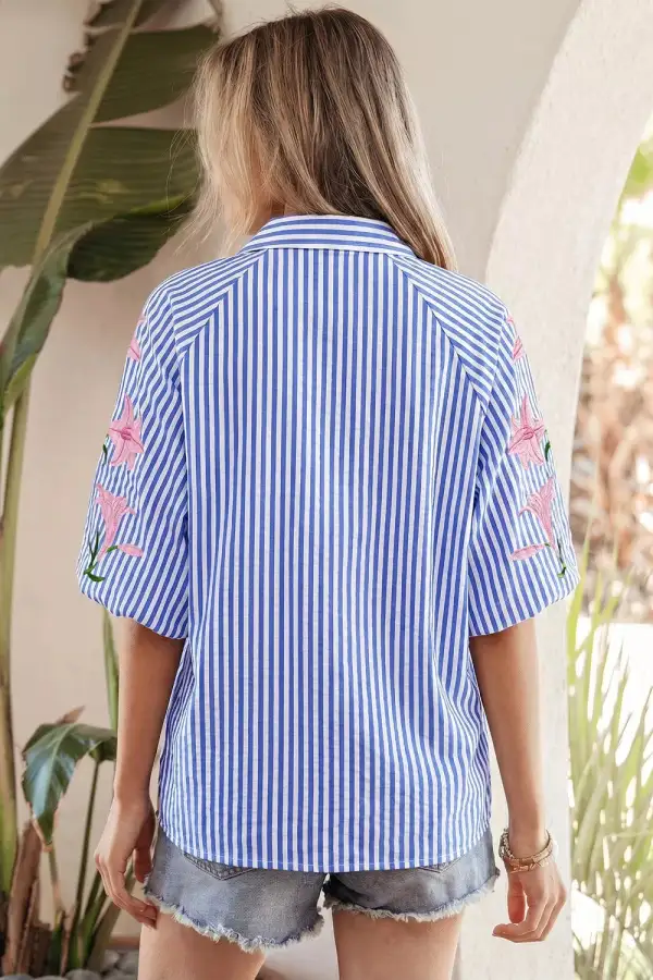 Striped Floral Embroidered Puff Sleeve Button Down