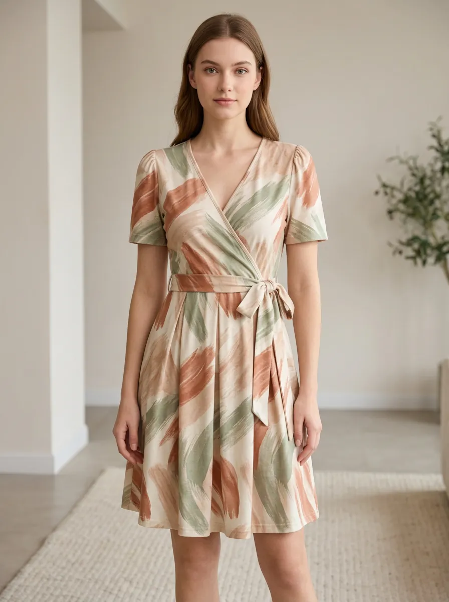 Women's Abstract Brushstroke Tie-Waist Wrap Dress