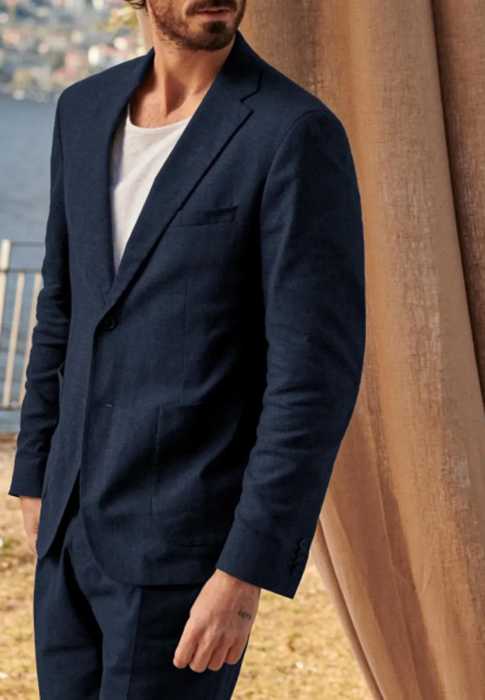Navy Blue Linen Blend Unstructured Blazer Jacket