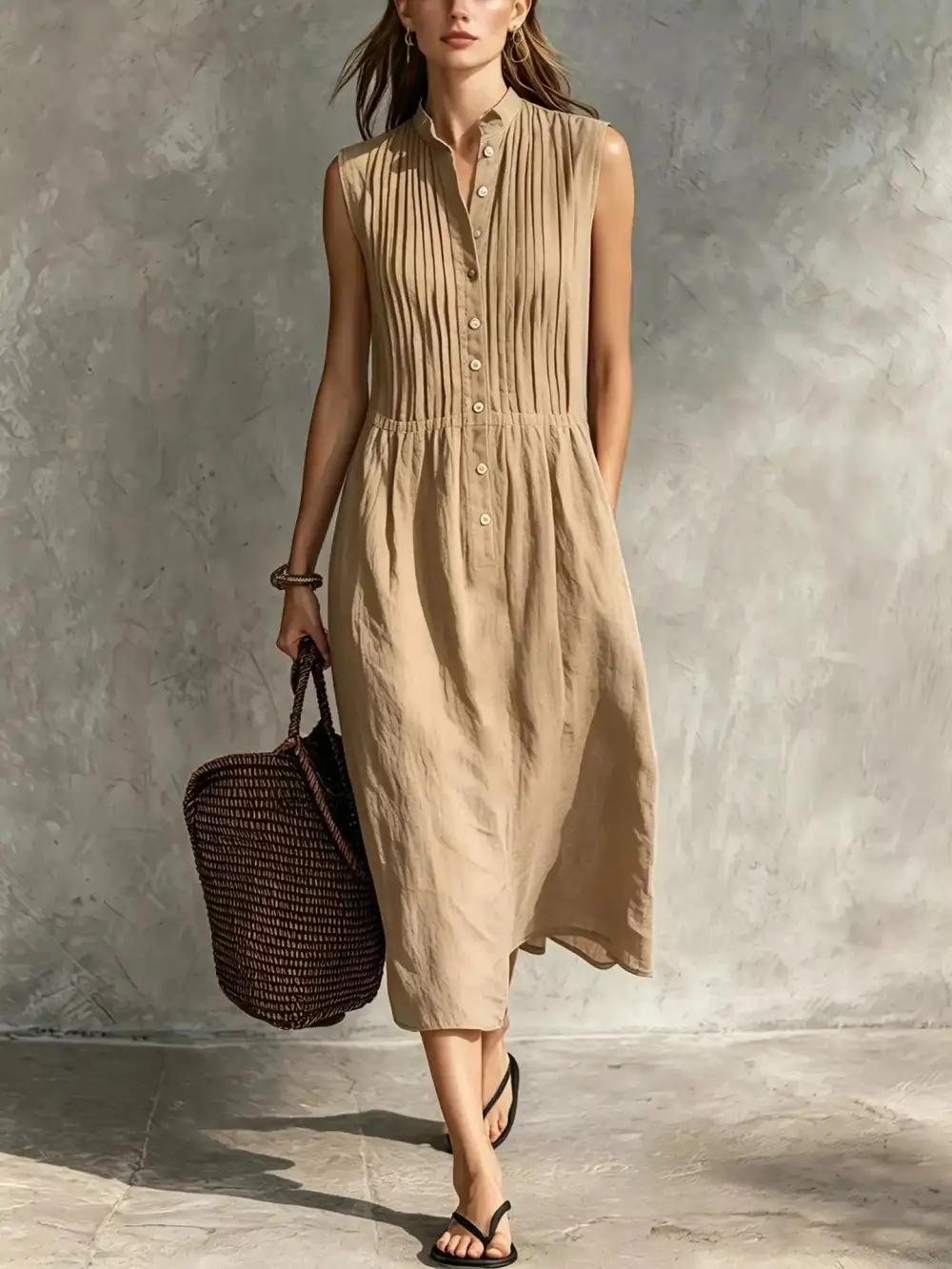 Sleeveless Button Front Midi Dress