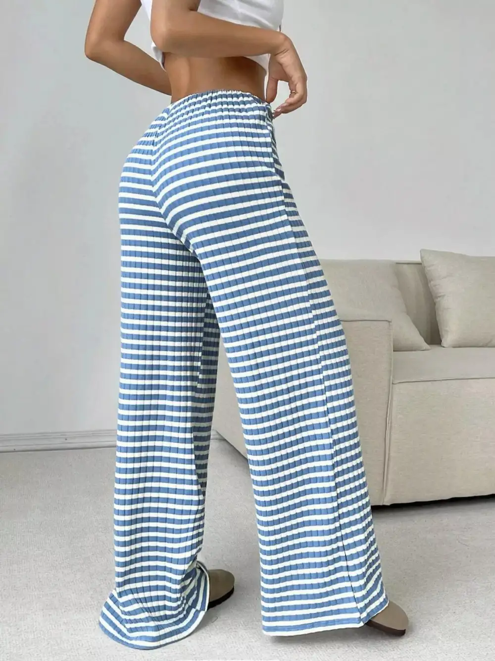Striped Ribbed Knit Drawstring Waist Wide Leg Pants