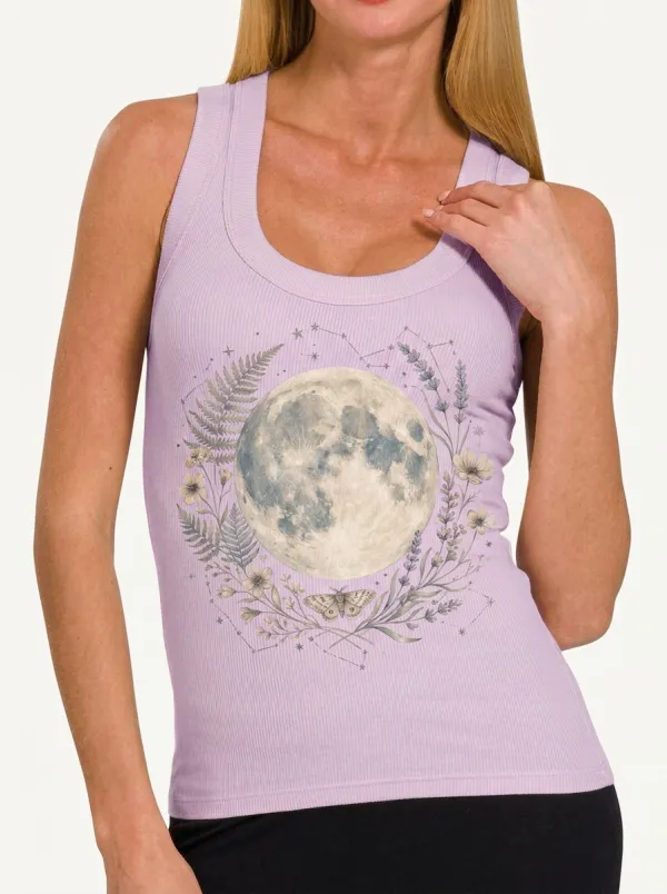 Women's Celestial Moon Fern Floral Moth Printed Tank Top