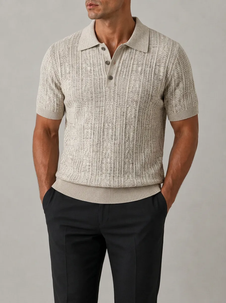 Men's Casual Beige Textured Knit Button Polo Shirt