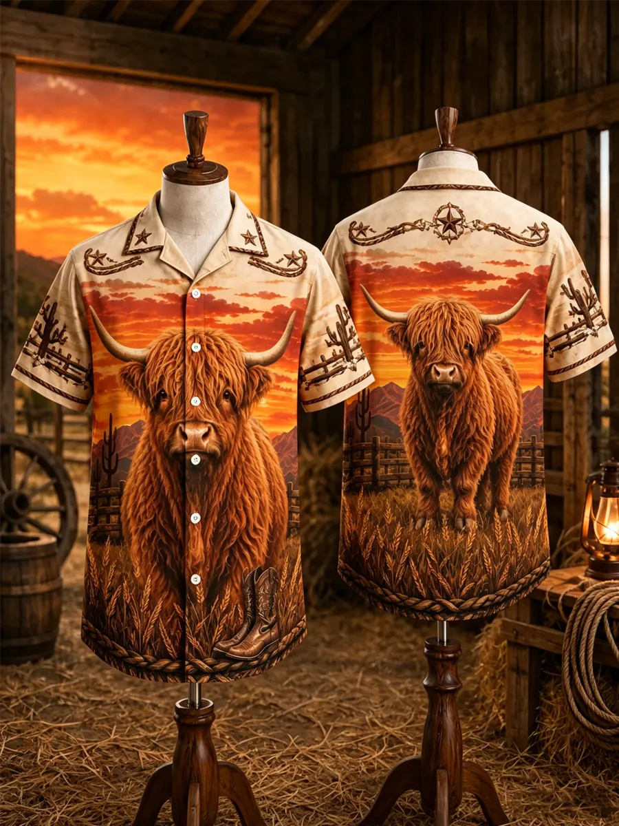 Men'S Highland Cow Western Hawaiian  Short Sleeve Shirt