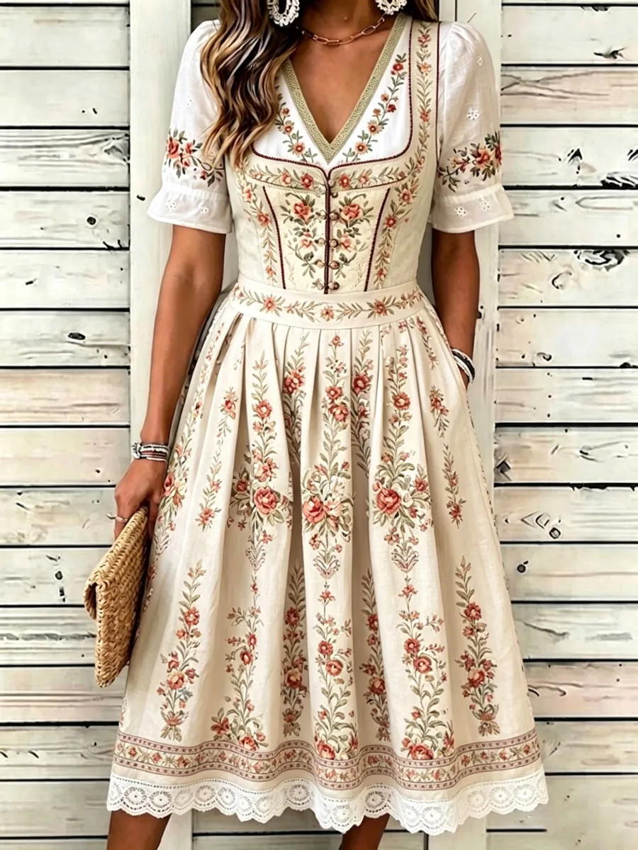 Women'S German Bavarian Vintage Floral Dress