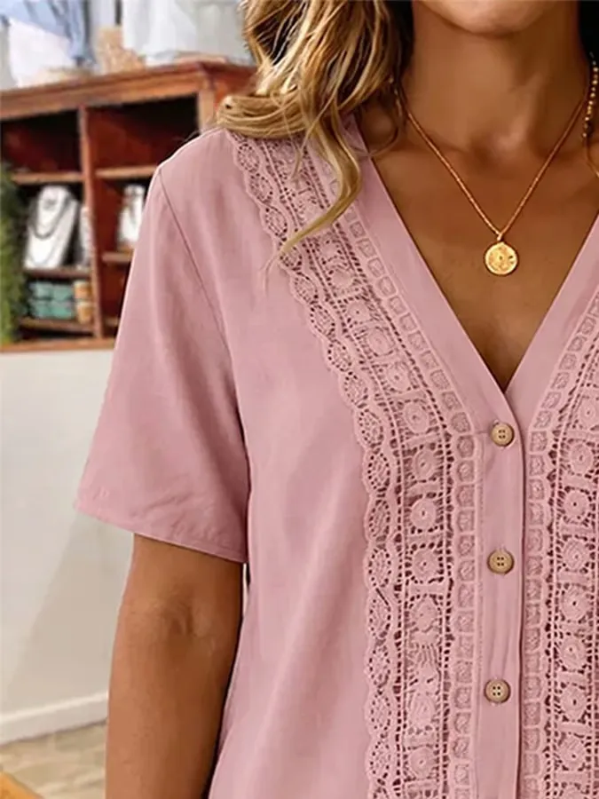 Women'S Casual V-Neck Lace-Trimmed Short-Sleeved Shirt
